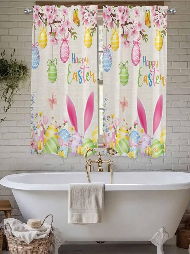 Happy Easter Bedroom Curtains 63 Inches length, Spring Farmhouse Bunny Eggs Flower Beige Window Treatment Curtain Drapes, Rod Pocket Curtain Panels for Living Room Kitchen, 42"x63", 2 Panels