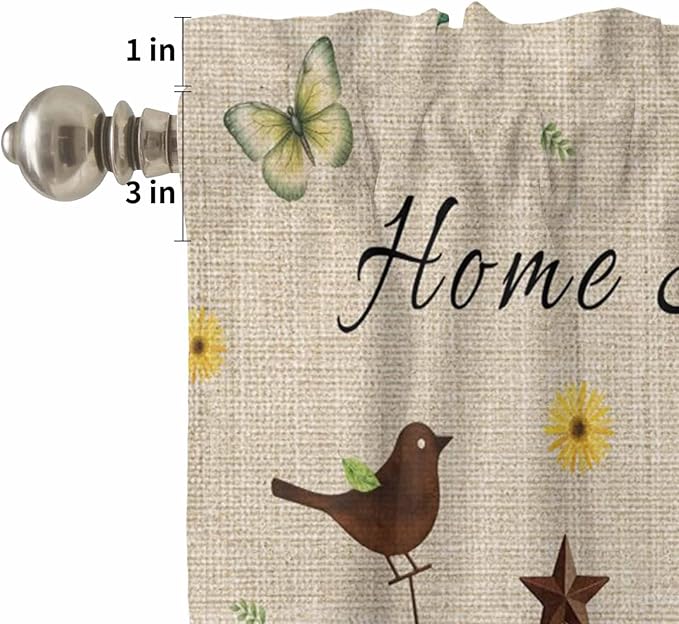 Kitchen Curtains Tiers and Valance Set of 3, Sunflowers Dog Light Filtering Window Curtain Set, Spring Watercolor Floral Stars on Linen Rod Pocket Curtain Drapes for Cafe, Living Room, 36 Inches Tiers