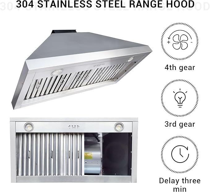 CHETTO C Stainless Steel Range Hood Cover with Quiet Vent Hood Insert Custom Handcrafted Metal Kitchen Fan with Towel Rack LED Light 36"W x21"D x18"H Brushed Stainless Steel Wall Mount