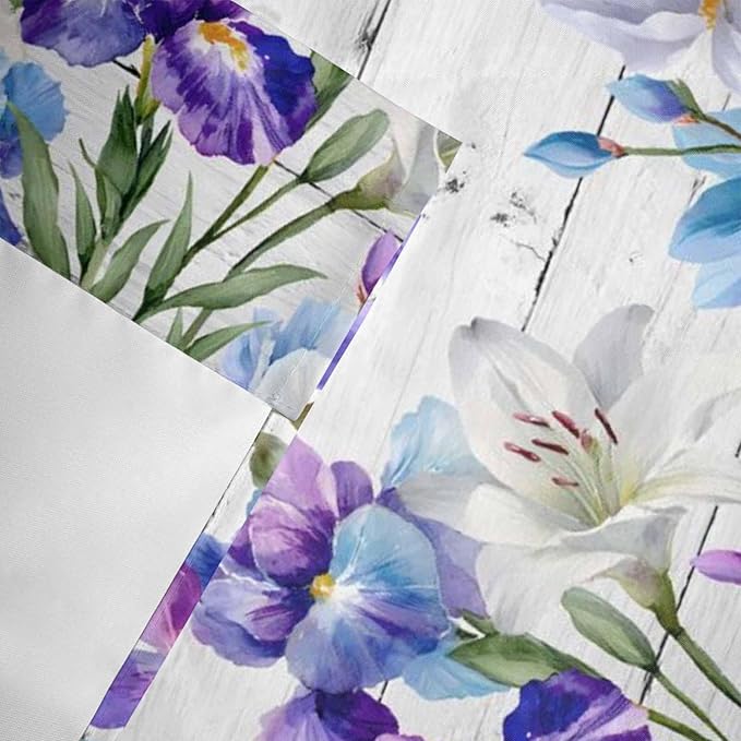 Spring Flowers Curtain Valances for Windows, Kitchen Valance Window Treatment, Watercolor Garden Florals Wooden Grain Light Filtering Block Curtains for Bathroom/Bedroom/Living Room 60'' x 18''