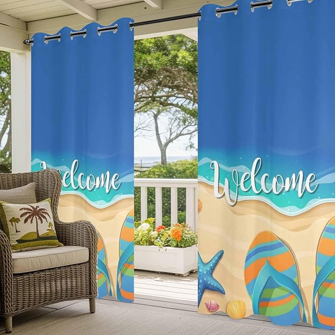 Summer Outdoor Curtains for Patio Beach Slippers Plumeria Waterproof Outside Curtains with Grommet Top Weatherproof Curtain for Cabana Pergola Gazebo, 1 Panel, 54" W x 95" L
