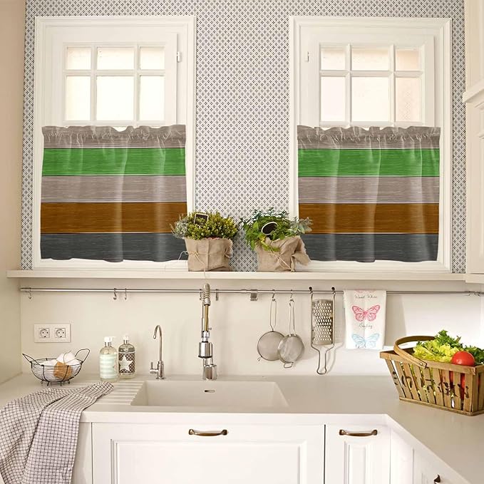 Farm Gray Green Brown Wood Grain Window Valance Curtains, Rustic Wooden Plank Light Filtering Kitchen Valance with 3-inch Rod Pocket for Living Room Bathroom Bedroom,2 Panel,27.5x24In