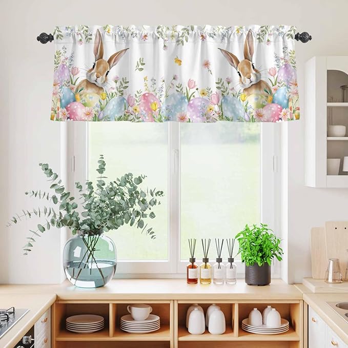Kitchen Curtains Tiers and Valance Set of 3, Easter Light Filtering Window Curtain Set, Spring Rabbit Colorful Eggs Budding Florals Leaf Rod Pocket Curtain Drapes for Living Room, 36 Inches Tiers