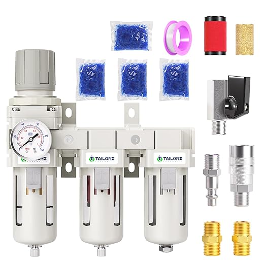 TAILONZ PNEUMATIC 0-150PSI 3/8 Inch NPT Grade 3 Stage Air Drying System, Particulate Filter, 5/0.01 Micron Filter Air Filter Pressure Regulator (Manual Drainage）