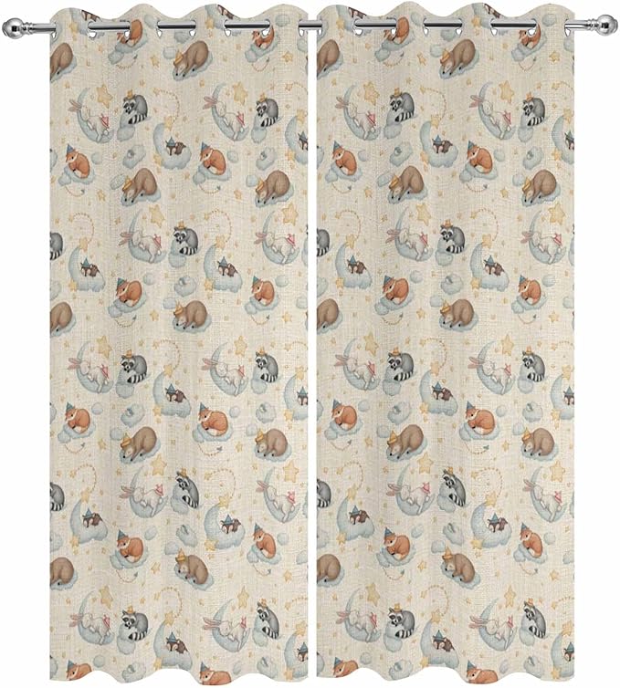 Cartoon Animals Outdoor Curtains for Patio Raccoons Rabbits Moon Linen Texture Waterproof Outside Curtains with Grommet Top Weatherproof Curtain for Cabana Pergola Gazebo, 2 Pack, 54" W x 84" L