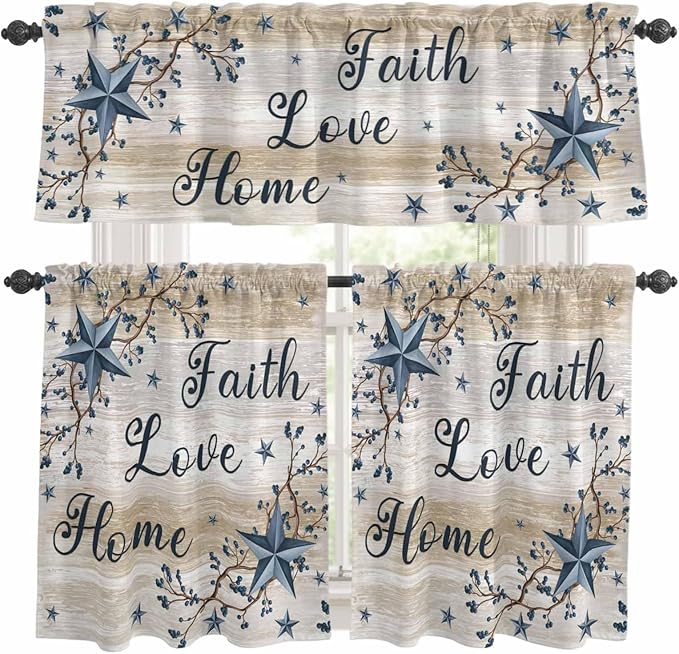 Kitchen Curtains Tiers and Valance Set of 3, Vintage Country Light Filtering Window Curtain Set, Blue Rustic Texas Star Vines Wooden Grain Rod Pocket Curtain Drapes for Living Room, 24 Inches Tiers