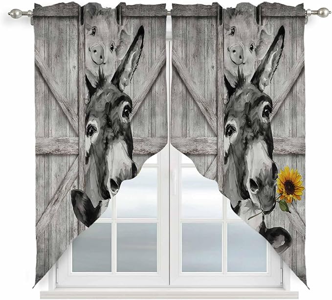 Funny Farm Animals Swag Valances for Windows, Vintage Barn Grey Sunflowers Rod Pocket Kitchen Curtains Valance, Kitchen Window Curtains Swag for Cafe Bathroom Living Room, 2 Panels, 36x63 inch
