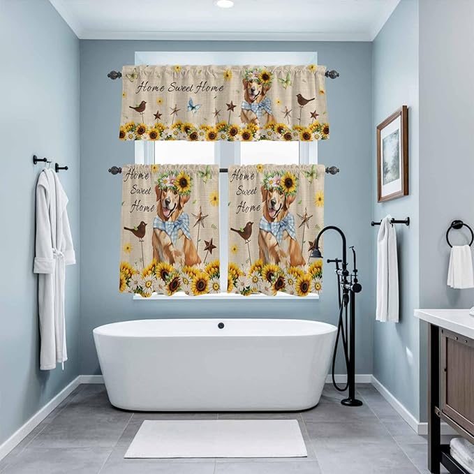 Kitchen Curtains Tiers and Valance Set of 3, Sunflowers Dog Light Filtering Window Curtain Set, Spring Watercolor Floral Stars on Linen Rod Pocket Curtain Drapes for Cafe, Living Room, 24 Inches Tiers
