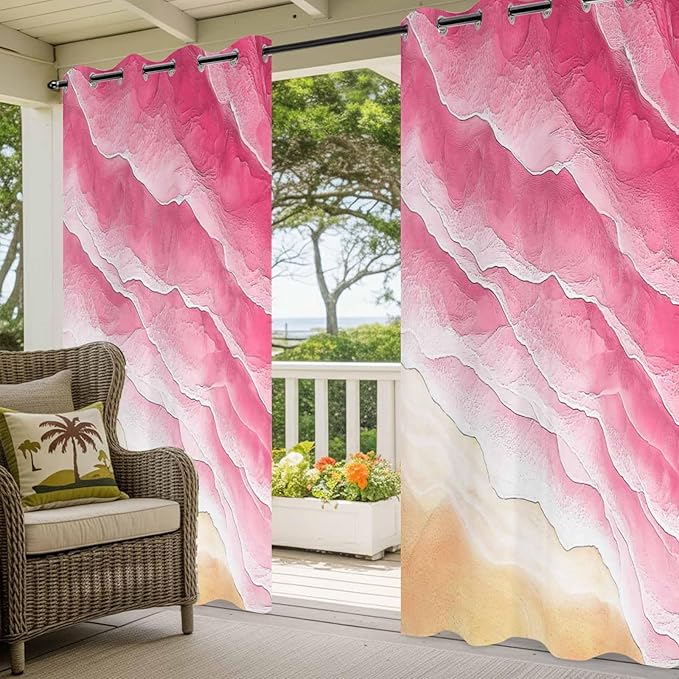 Ocean Outdoor Curtains for Patio Beach Waves Watercolor Abstract Gradient Pink Waterproof Outside Curtains with Grommet Top Weatherproof Curtain for Cabana Pergola Gazebo, 1 Panel, 54" W x 95" L