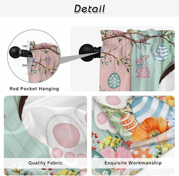 Easter Kitchen Tier Curtains 24 Inch Long 2 Panel Set,Rod Pocket Cafe Small Window Curtains Over Sink,Spring Colorful Bunny Eggs Flower Wood Grain Light Filtering Short Drapes 27.5"W x 24"L