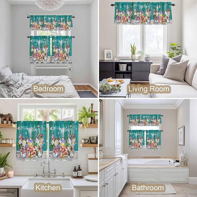Kitchen Curtains Tiers and Valance Set of 3, Spring Flowers Light Filtering Window Curtain Set, Farmhouse Watercolor Teal Wood Grain Rod Pocket Curtain Drapes for Cafe, Living Room, 24 Inches Tiers