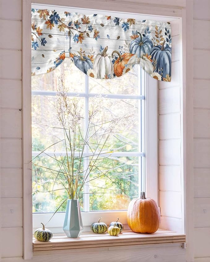 Thanksgiving Pumpkin Tie Up Valance Curtains for Windows, Kitchen Curtains Window Shades, Fall Maple Leaf Daisy Wooden Grain Light Filter Roman Curtain Valances for Bedroom/Bathroom/Cafe 42'' x 18''