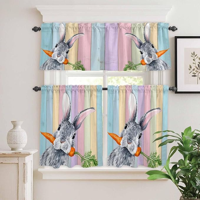 Easter Kitchen Curtain Set, Spring Grey Rabbit Carrots Colorful Wooden Plank Window Valance and Tiers 36" Length, Light Filtering Short Curtains Valance for Cafe Bathroom Bedroom 54"x18"