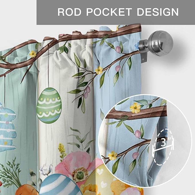 Easter Curtain Valances for Windows, Kitchen Valance Window Treatment, Spring Watercolor Bunny Eggs Wood Grain Teal Blue Light Filtering Block Curtains for Bathroom/Bedroom/Living Room 60'' x 18''