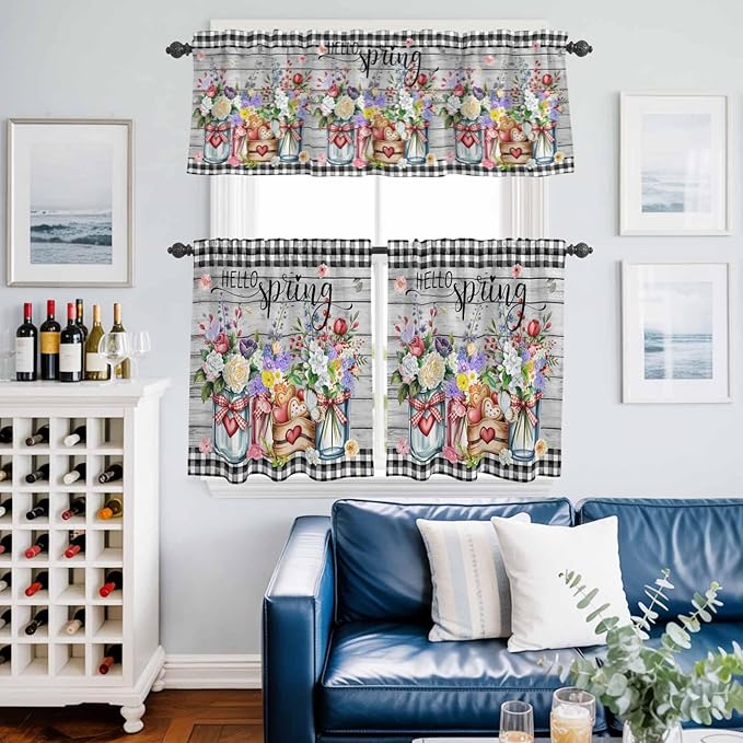 Kitchen Curtains Tiers and Valance Set of 3, Spring Flowers Light Filtering Window Curtain Set, Farmhouse Black Plaid Wood Grain Rod Pocket Curtain Drapes for Cafe, Living Room, 24 Inches Tiers