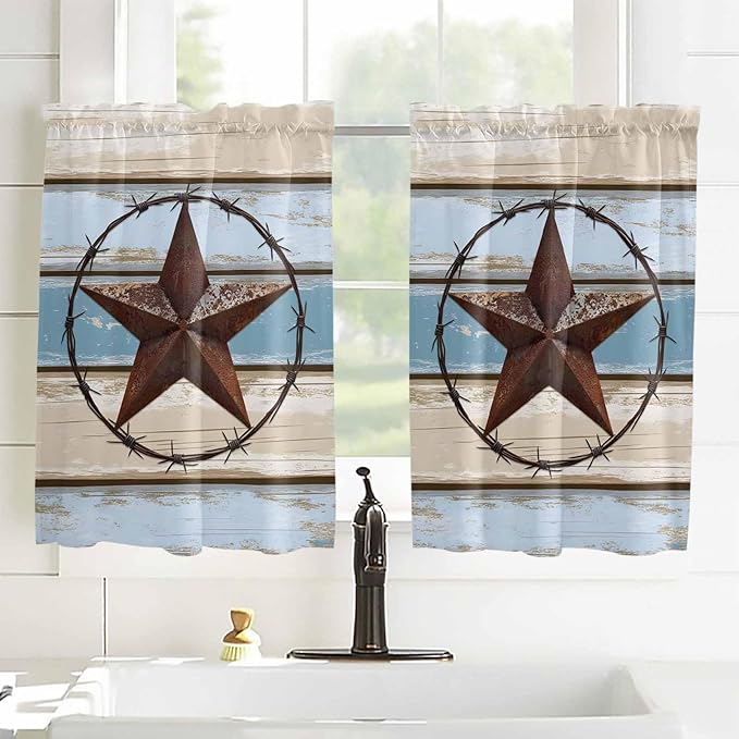 Vintage Western Star on Wood Grain Window Valance Curtains, Retro Wooden Texture Light Filtering Kitchen Valance with 3-inch Rod Pocket for Living Room Bathroom Bedroom,2 Panel,27.5x45In
