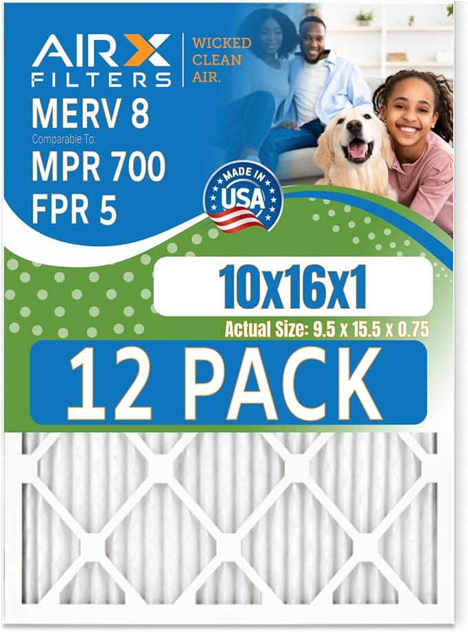 10x16x1 Air Filter MERV 8 Rating, 12 Pack of Furnace Filters Comparable to MPR 700 & FPR 5 - Made in USA by AIRX FILTERS WICKED CLEAN AIR.