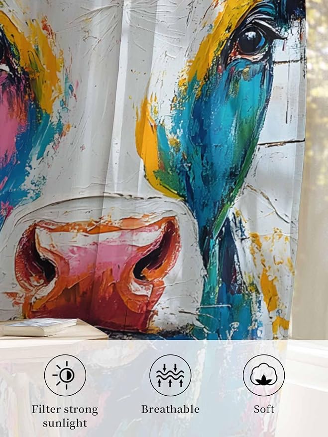 Sheer Curtains 72 Inches Long, Farmhouse Oil Painting Semi Sheer Curtains Light Filtering Window Treatment, Colorful Cow Animal Wooden Grain Privacy Voile Drapes for Living Room Bedroom 52x72 Inch