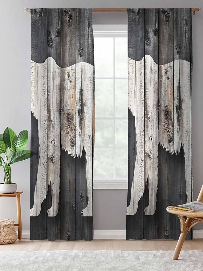 Sheer Curtains 84 Inches Long, White Brown Bear Semi Sheer Curtains Light Filtering Window Treatment, Farmhouse Country Vintage Wood Grain Privacy Voile Drapes for Living Room Bedroom 52x84 Inch