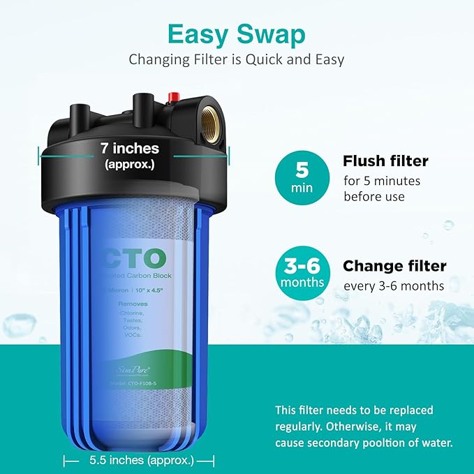 SimPure Whole House Water Filter Cartridges 5 Micron 10" x 4.5" CTO Activated Carbon Block, For DB10P, DB10C-2, GE GXWH40L, GXWH35F, BB10, FXHTC, FC15B, 4 Pack