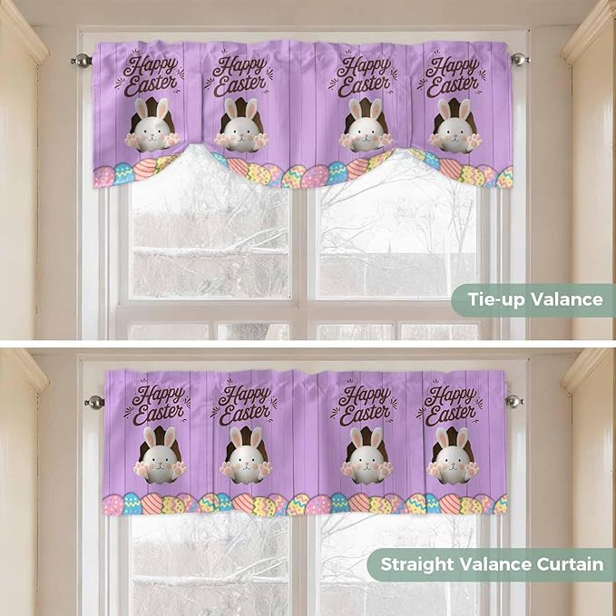 Purple Easter Tie Up Valance Curtains for Windows, Kitchen Curtains Window Shades, Spring Cartoon Bunny Colorful Eggs Wood Grain Light Filtering Curtain Valances for Bedroom/Bathroom/Cafe 60"x18"