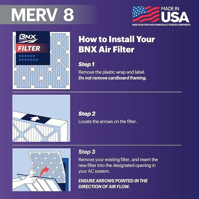 BNX TruFilter 16x20x1 Air Filter MERV 8 (12-Pack) - MADE IN USA – Dust & Pet Defense Electrostatic Pleated Air Conditioner HVAC AC Furnace Filters for Dust, Pet, Mold, Pollen MPR 600 – 700 & FPR 5