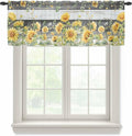 Summer Floral Sheer Valance Curtains, Watercolor Sunflower Eucalyptus Leaves Black Wood Grain Light Filtering Kitchen Valances Rod Pocket Voile Curtain for Bedroom/Living Room/Basement 60Wx18L