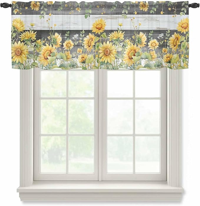 Summer Floral Sheer Valance Curtains, Watercolor Sunflower Eucalyptus Leaves Black Wood Grain Light Filtering Kitchen Valances Rod Pocket Voile Curtain for Bedroom/Living Room/Basement 54Wx18L