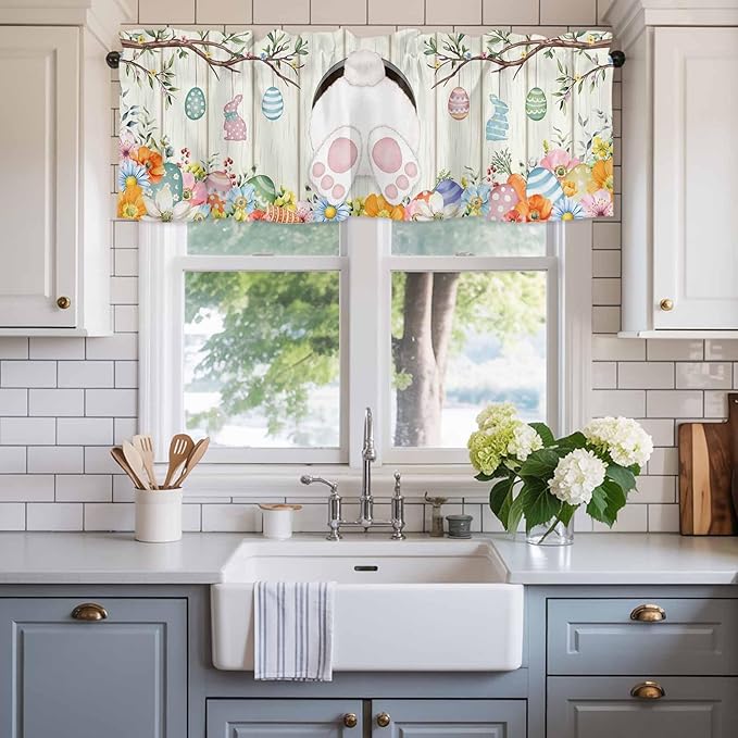 Easter Curtain Valances for Windows, Kitchen Valance Window Treatment, Spring Farmhouse Watercolor Bunny Eggs Wood Grain Light Filtering Block Curtains for Bathroom/Bedroom/Living Room 54'' x 18''