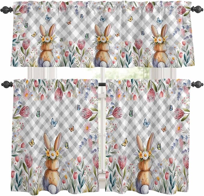 Kitchen Curtains Tiers and Valance Set of 3, Easter Light Filtering Window Curtain Set, Spring Rabbit Butterfly Botanical Florals Grey Plaid Rod Pocket Curtain Drapes for Living Room, 36 Inches Tiers
