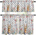 Kitchen Curtains Tiers and Valance Set of 3, Easter Light Filtering Window Curtain Set, Spring Rabbit Butterfly Botanical Florals Grey Plaid Rod Pocket Curtain Drapes for Living Room, 24 Inches Tiers