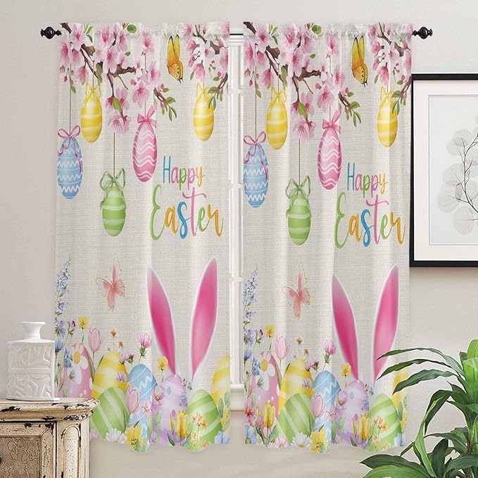 Happy Easter Living Room Curtains 72 Inches length, Spring Farmhouse Bunny Eggs Flower Beige Window Treatment Curtain Drapes, Light Filtering Drapes for Bedroom Laundry Room, 52"x72", 2 Panels