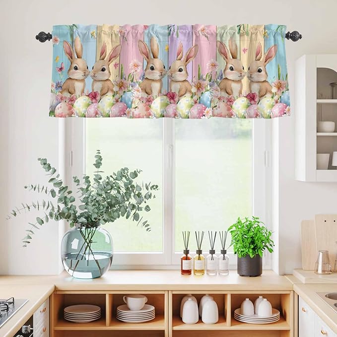 Easter Kitchen Curtains Set 3 Piece for Windows, Rod Pocket Valance and Tier Set 24 Inch Length, Spring Bunny Eggs Botanical Floral Wooden Grain Light Filtering Cafe Curtains for Living Room Bathroom