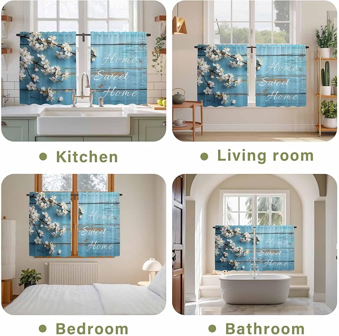 Farmhouse Wooden Grain Tier Curtains, Vintage Shabby Chic Flower Blue Light Filtering Kitchen Curtains, 2Pcs Rod Pocket Half Window Treatments Panels for Sink Cafe Cabinet Basement 27.5x45 Inches
