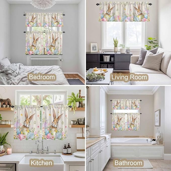 Kitchen Curtains Tiers and Valance Set of 3, Easter Light Filtering Window Curtain Set, Vintage Spring Bunny Eggs Farmhouse Floral Leaves Rod Pocket Curtain Drapes for Living Room, 24 Inches Tiers