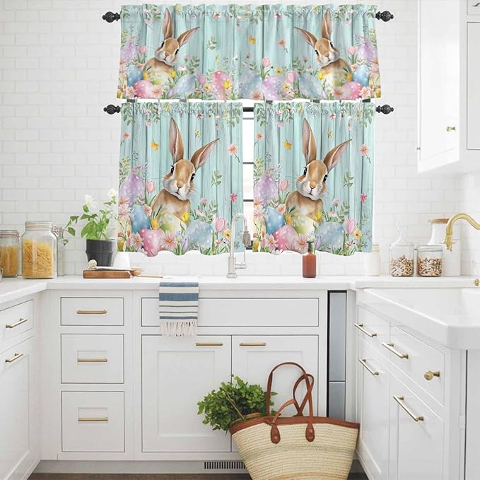 Kitchen Curtains Tiers and Valance Set of 3, Easter Light Filtering Window Curtain Set, Spring Rabbit Eggs Flowers Leaf Green Wooden Plank Rod Pocket Curtain Drapes for Living Room, 36 Inches Tiers