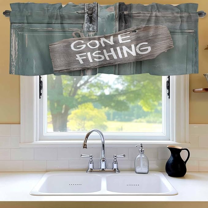 Gone Fishing Valances for Windows, Bronze Wood Grain Kitchen Valance Light Filtering Rod Pocket Short Curtains for Kitchen Bathroom, 1 Panel, 60"x14"