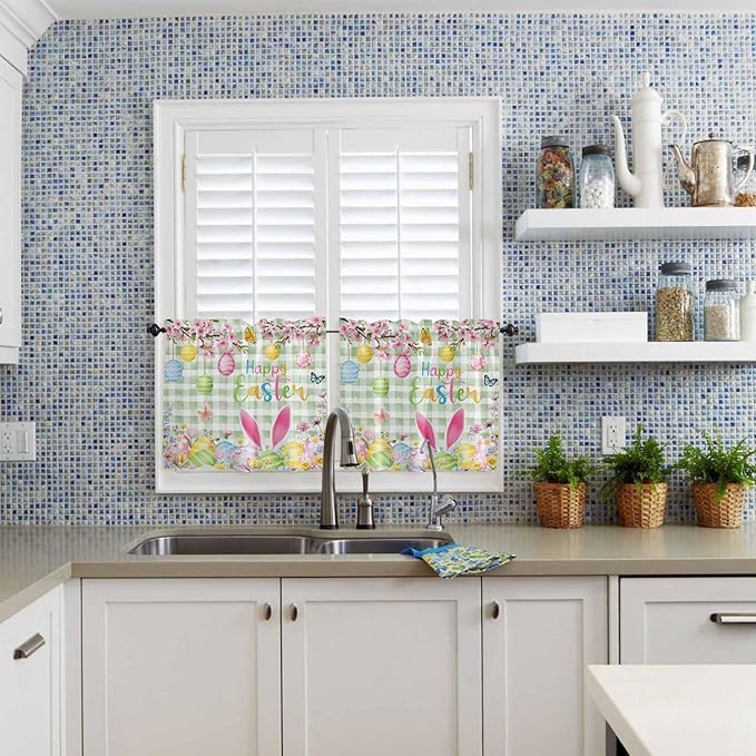 Happy Easter Half Window Curtains 24 Inches Long, Spring Bunny Eggs Flower Sage Green Plaid Window Treatment Curtain Drapes, Short Curtains Tiers for Kitchen Over Sink, 27.5"x24", 2 Panels