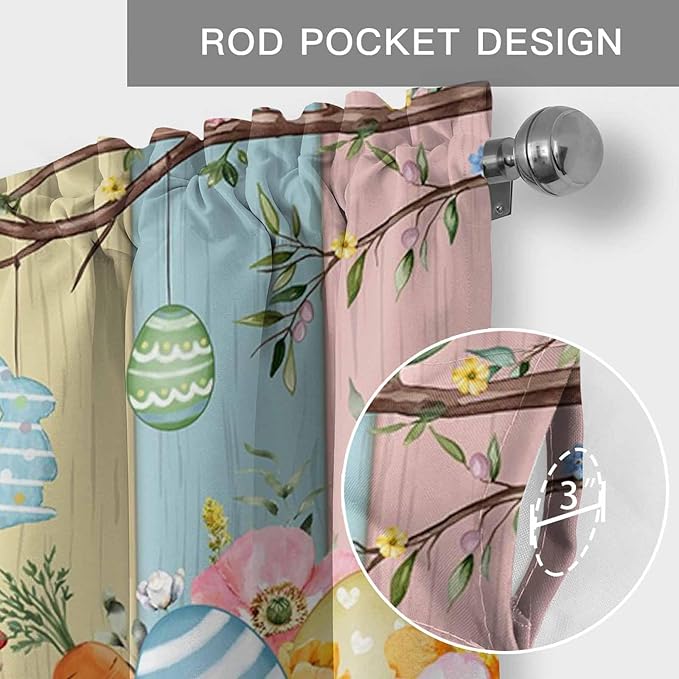 Easter Curtain Valances for Windows, Kitchen Valance Window Treatment, Spring Colorful Bunny Eggs Flower Wood Grain Light Filtering Block Curtains for Bathroom/Bedroom/Living Room 42'' x 12''