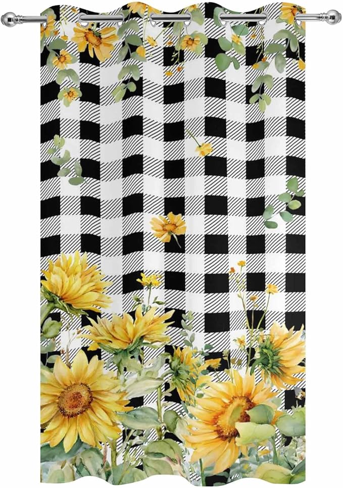 Sunflowers Outdoor Curtains for Patio Summer Floral Eucalyptus Leaf Buffalo Check Waterproof Outside Curtains with Grommet Top Weatherproof Curtain for Cabana Pergola Gazebo, 1 Panel, 54" W x 95" L