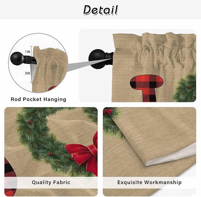 Red Green Christmas Kitchen Tier Curtains 45 Inch Long 2 Panel Set,Rod Pocket Short Window Treatment,Xmas Botanical Winter Farmhouse Curtains & Drapes for Bathroom Basement 27.5"W x 45"L