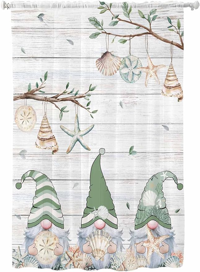 Sheer Curtains 63 Inch Length, Sage Green Gnomes Semi Sheer Curtains Light Filtering Window Treatment, Eucalypus Coastal Anchor Retro Wood Privacy Voile Drapes for Living Room Bedroom 52x63 Inch