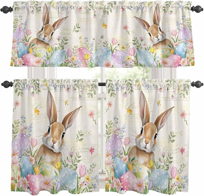 Kitchen Curtains Tiers and Valance Set of 3, Easter Light Filtering Window Curtain Set, Pastoral Spring Bunny Eggs Botanical Flowers Leaf Rod Pocket Curtain Drapes for Living Room, 24 Inches Tiers