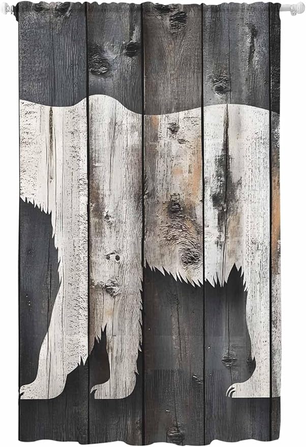 Sheer Curtains 84 Inches Long, White Brown Bear Semi Sheer Curtains Light Filtering Window Treatment, Farmhouse Country Vintage Wood Grain Privacy Voile Drapes for Living Room Bedroom 52x84 Inch