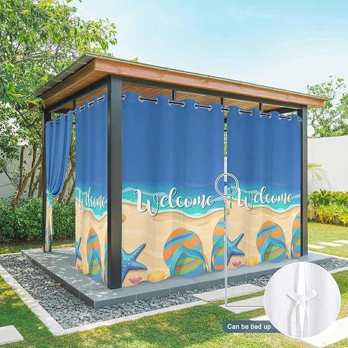 Summer Outdoor Curtains for Patio Beach Slippers Plumeria Waterproof Outside Curtains with Grommet Top Weatherproof Curtain for Cabana Pergola Gazebo, 2 Pack, 54" W x 95" L