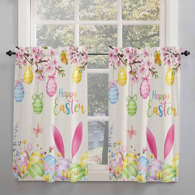 Happy Easter Kitchen Curtains 45 Inches length, Spring Farmhouse Bunny Eggs Flower Beige Window Treatment Curtain Drapes, Lightweight Window Panels for Living Room Bedroom, 52"x45", 2 Panels