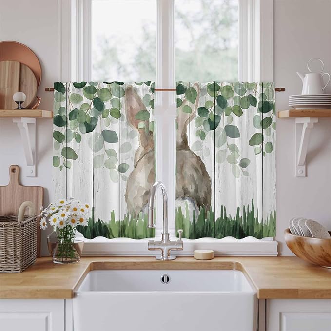 Easter Kitchen Curtains, Country Rabbit Botanical Leaves Wooden Grain Light Filtering Window Curtain Panels, 2Pcs Rod Pocket Window Treatments Set for Cabin Bathroom Bedroom 52x45 Inches