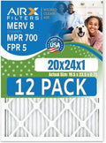 20x24x1 Air Filter MERV 8 Rating, 12 Pack of Furnace Filters Comparable to MPR 700 & FPR 5 - Made in USA by AIRX FILTERS WICKED CLEAN AIR.