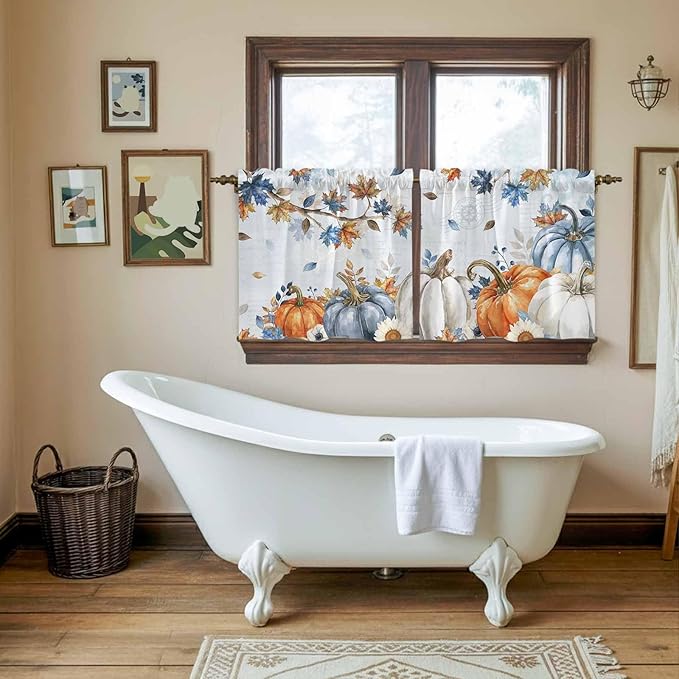 Fall Blue Maple Kitchen Tier Curtains 24 Inch Long 2 Panel Set,Rod Pocket Cafe Small Window Curtains Over Sink,Thanksgiving Pumpkins Daisy Country Leaves Short Drapes for Bathroom 27.5"W x 24"L