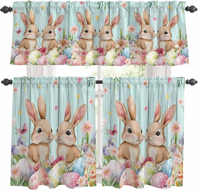 Easter Kitchen Curtains Set 3 Piece for Windows, Rod Pocket Valance and Tier Set 24 Inch Length, Spring Rabbit Colorful Eggs Flowers Wooden Grain Light Filtering Cafe Curtains for Living Room Bathroom